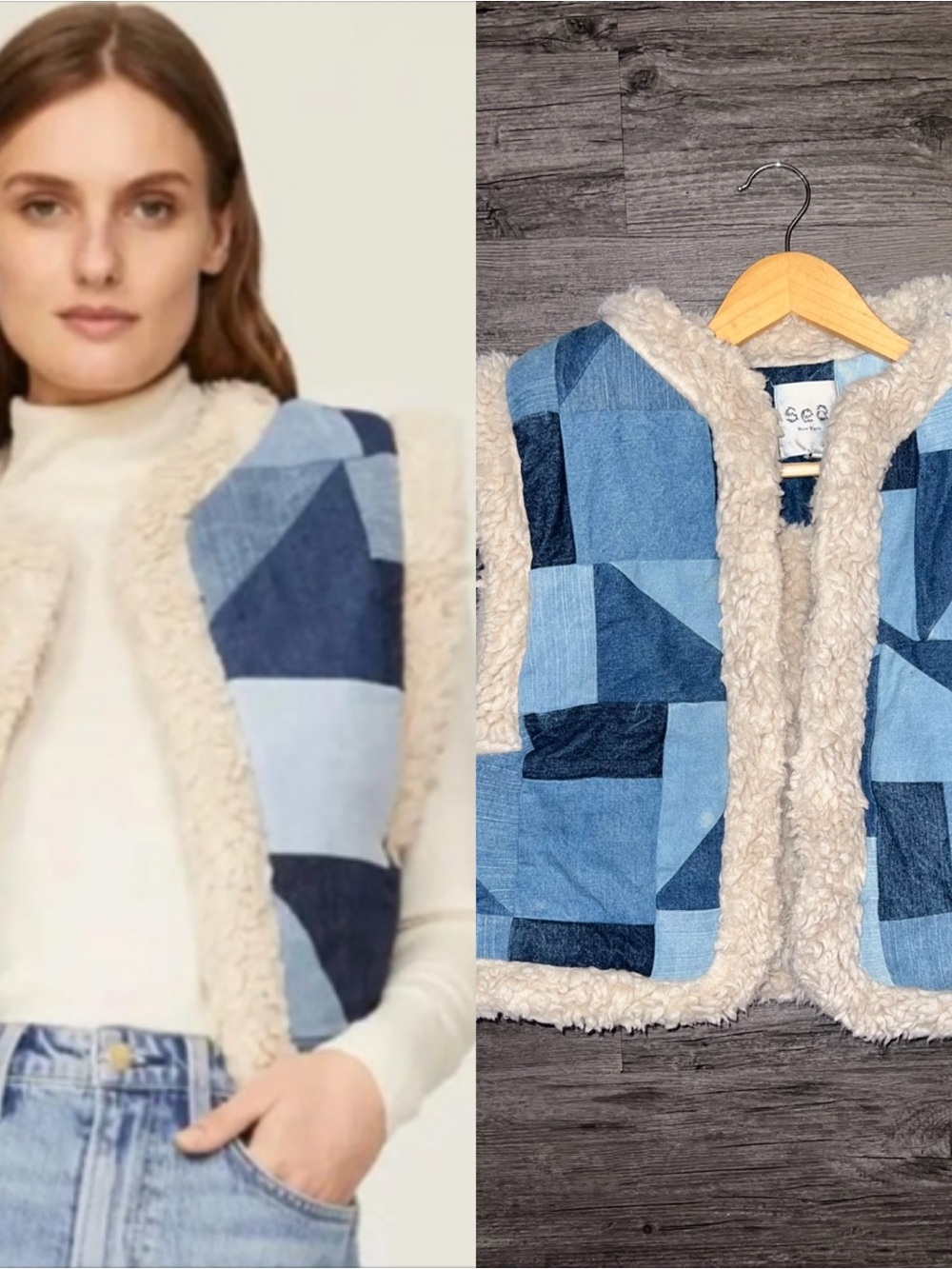 Sea New York Diego Denim Patchwork Shearling Vest Blue Sherpa Vest rare sold out